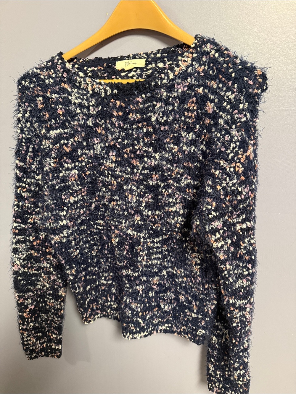 Textured Navy Bouclé Sweater with Pink & White Flecks